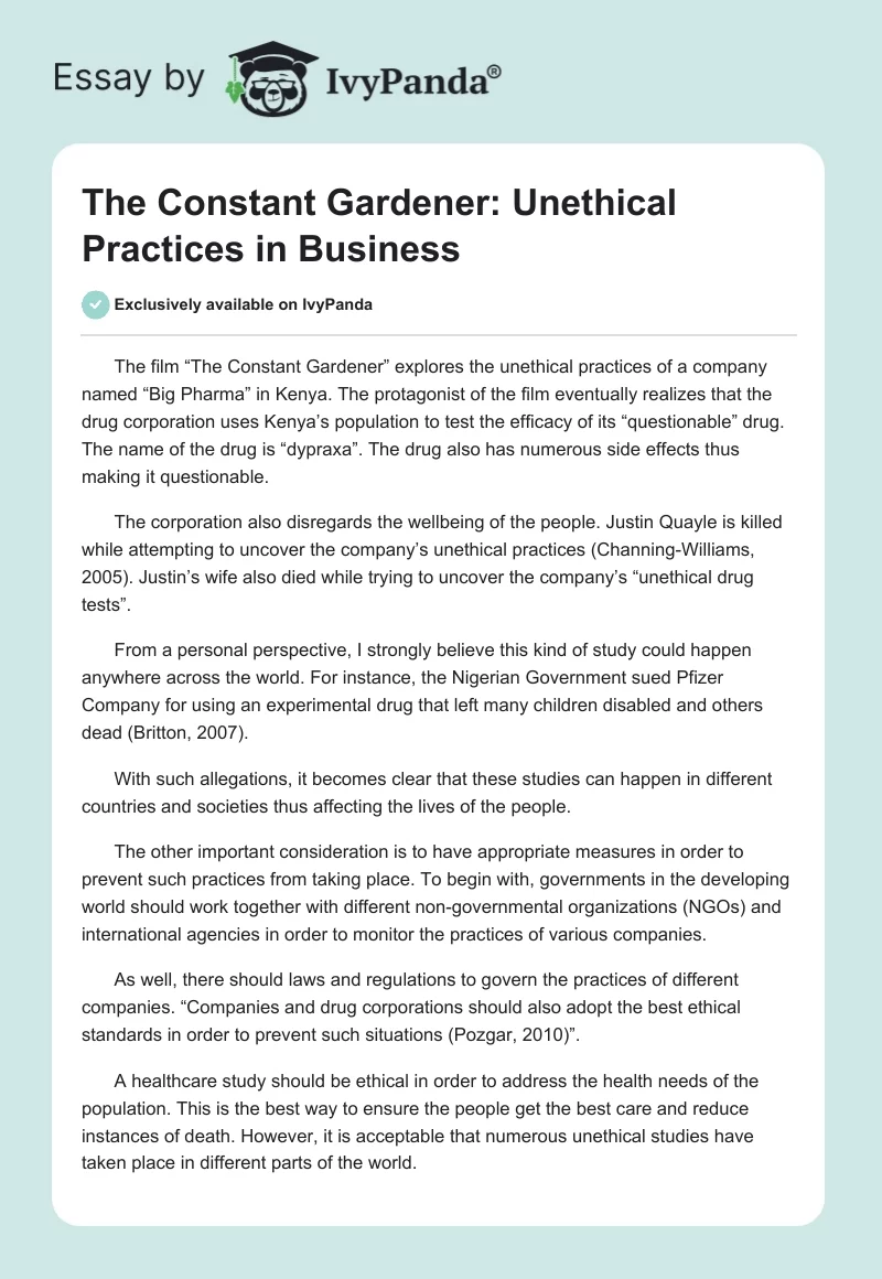 The Constant Gardener: Unethical Practices in Business. Page 1