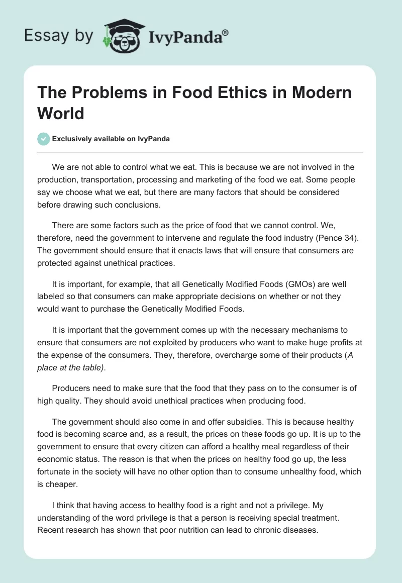 The Problems in Food Ethics in Modern World. Page 1