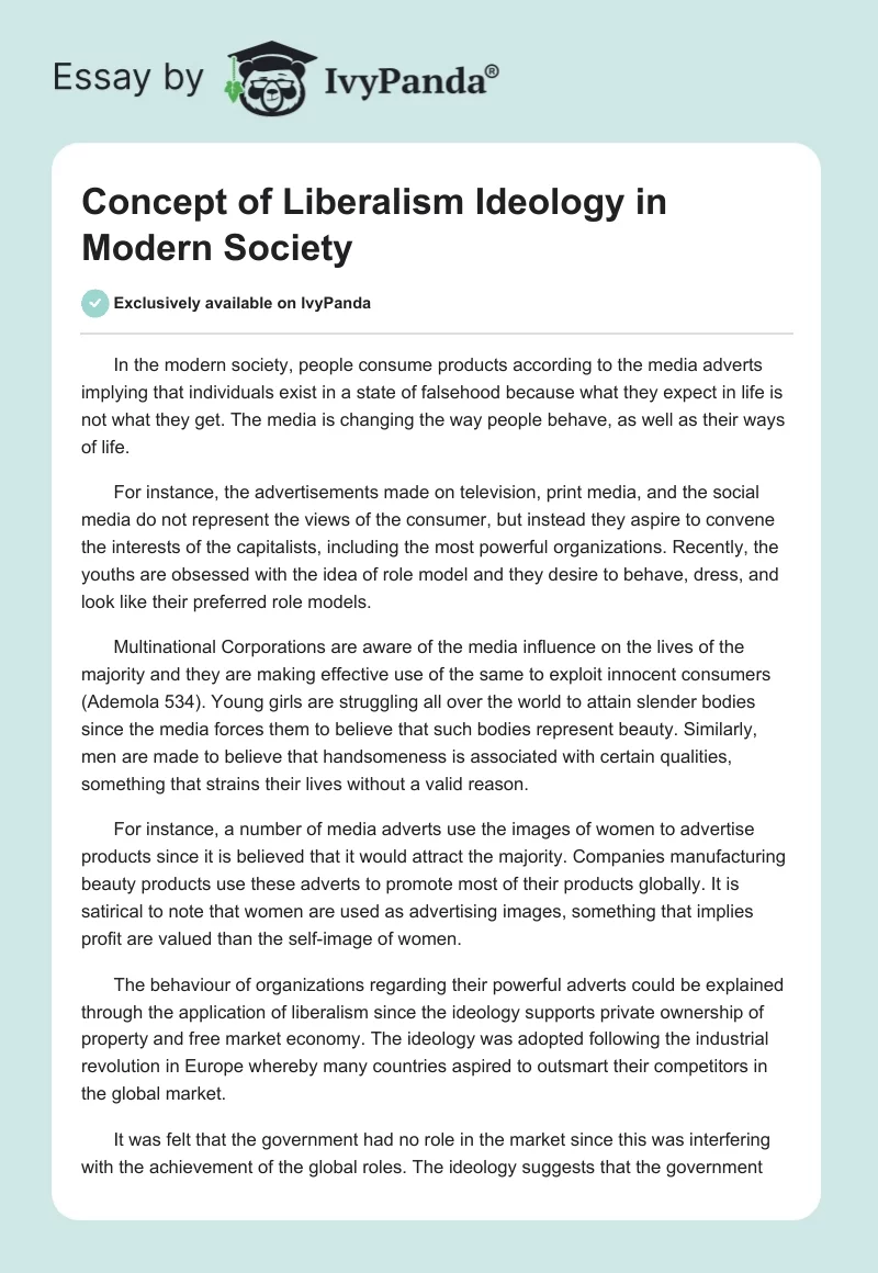 Concept of Liberalism Ideology in Modern Society. Page 1