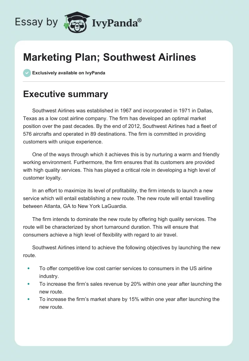 Marketing Plan; Southwest Airlines. Page 1