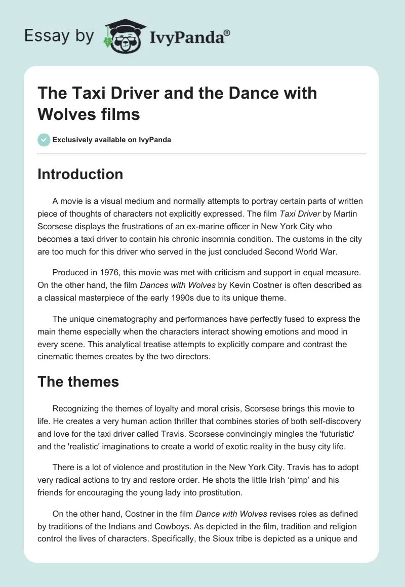 The Taxi Driver and the Dance With Wolves Films. Page 1