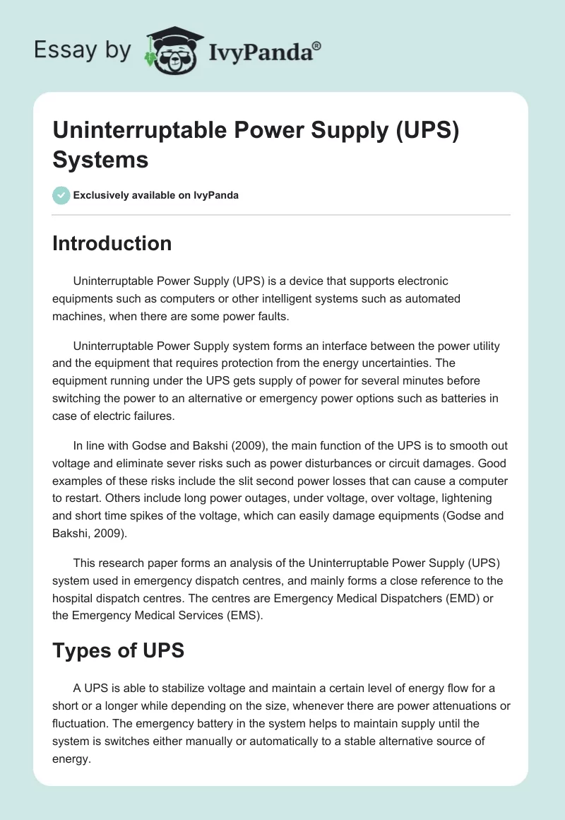 Uninterruptable Power Supply (UPS) Systems. Page 1