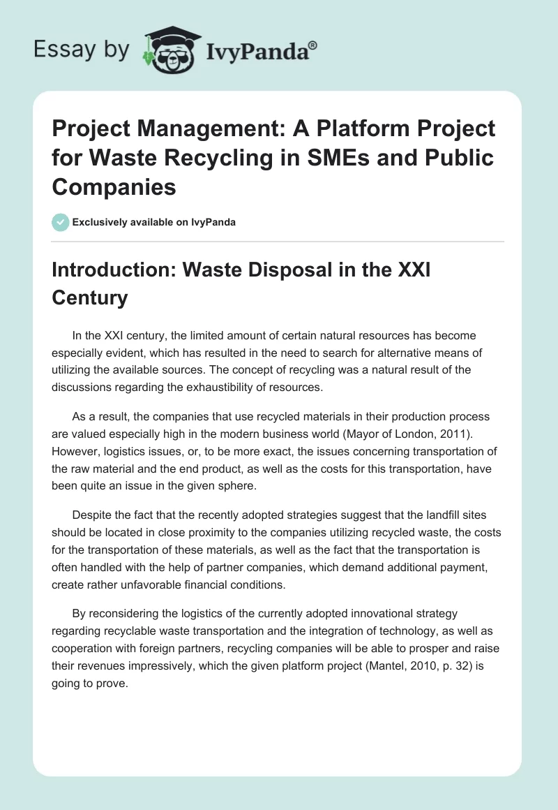 Project Management: A Platform Project for Waste Recycling in SMEs and Public Companies. Page 1