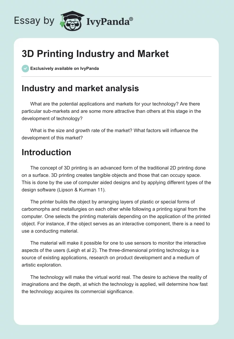 3D Printing Industry and Market. Page 1