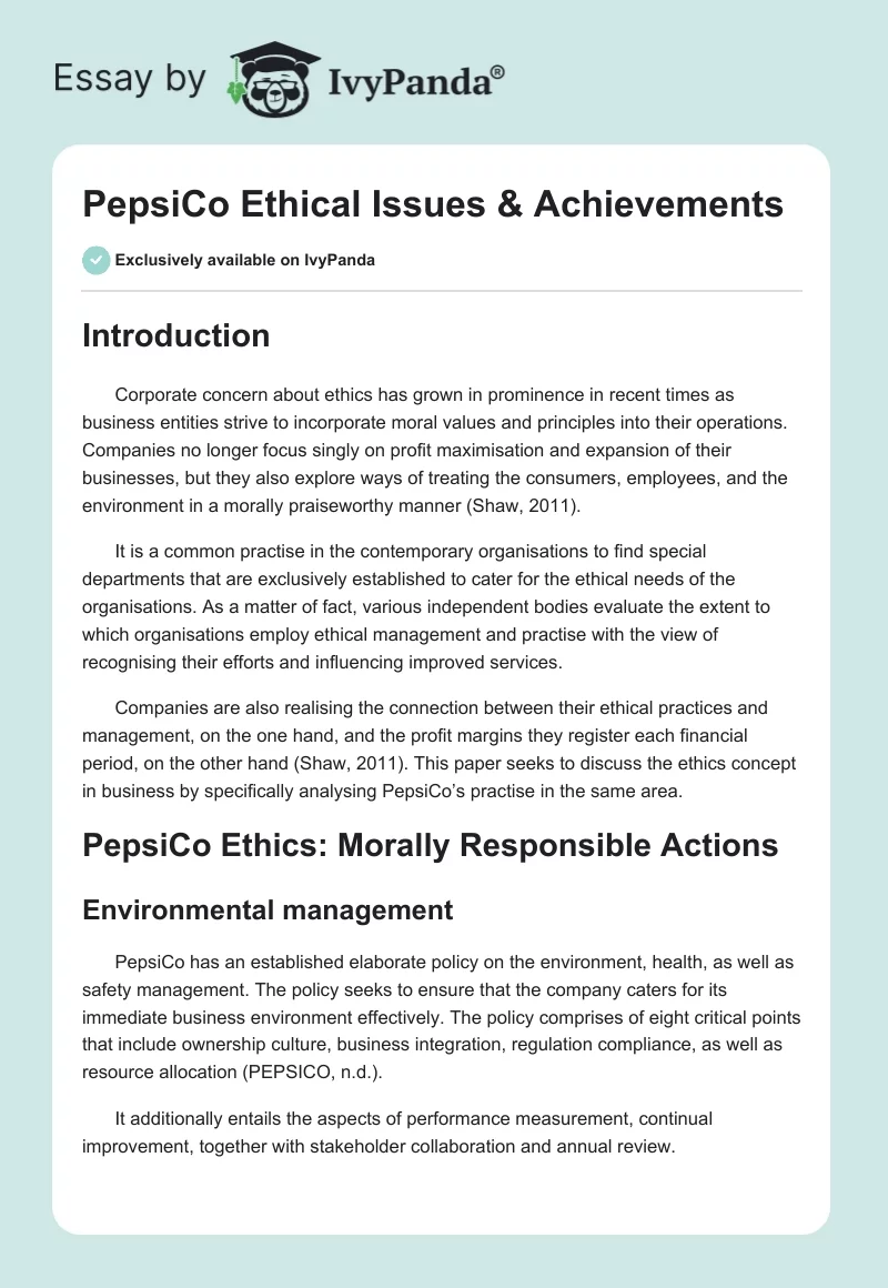 PepsiCo Ethical Issues & Achievements. Page 1