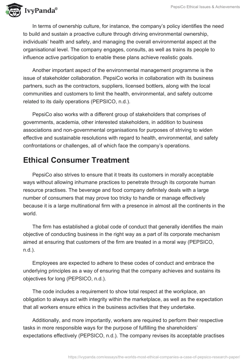 PepsiCo Ethical Issues & Achievements. Page 2