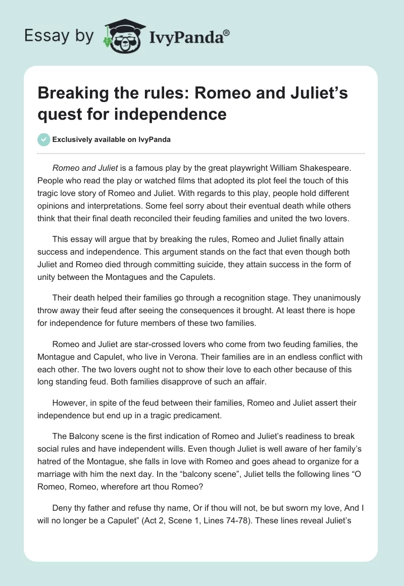 Breaking the Rules: Romeo and Juliet’s Quest for Independence. Page 1