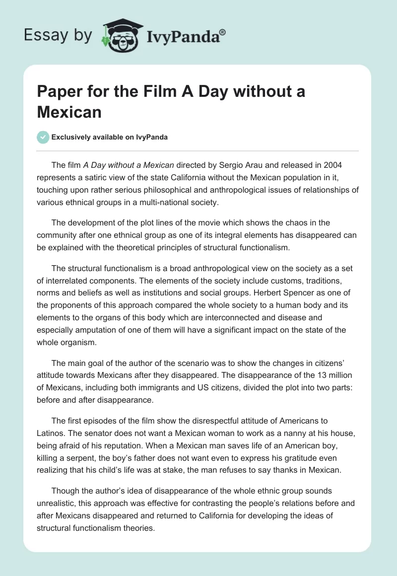 Paper for the Film A Day Without a Mexican. Page 1