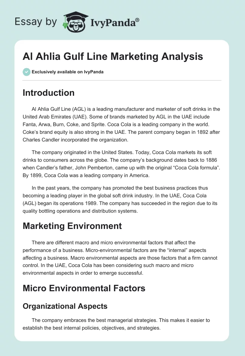 Al Ahlia Gulf Line Marketing Analysis. Page 1
