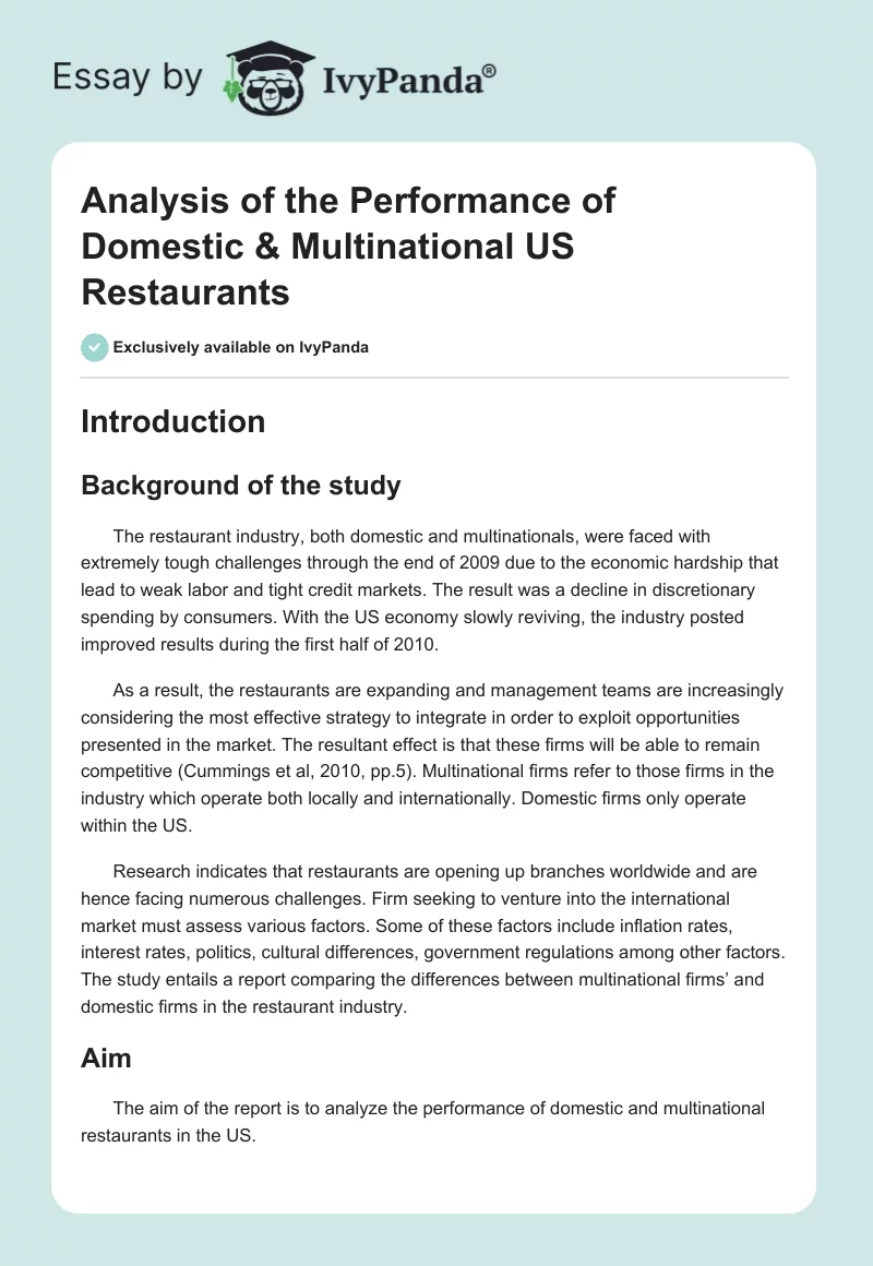 Analysis of the Performance of Domestic & Multinational US Restaurants. Page 1