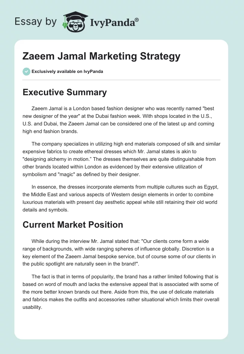 Zaeem Jamal Marketing Strategy. Page 1