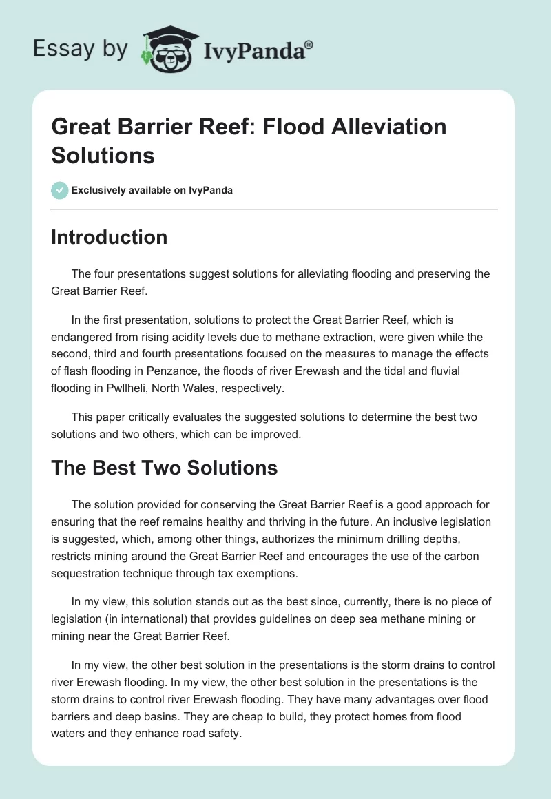 Great Barrier Reef: Flood Alleviation Solutions. Page 1