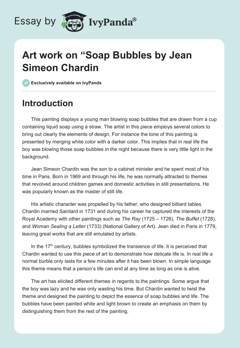 Art work on “Soap Bubbles" by Jean Simeon Chardin. Page 1