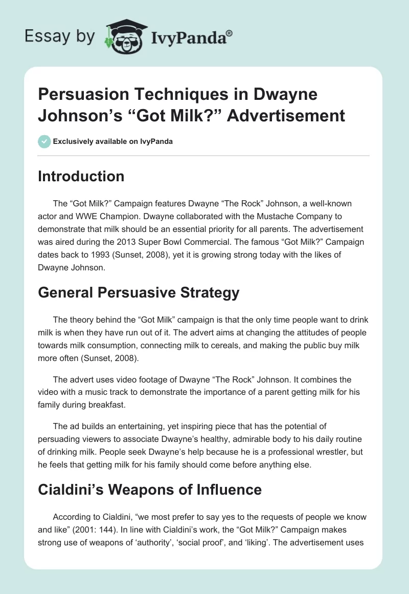Persuasion Techniques in Dwayne Johnson’s “Got Milk?” Advertisement. Page 1
