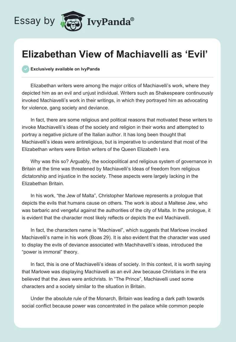 Elizabethan View of Machiavelli as ‘Evil’. Page 1