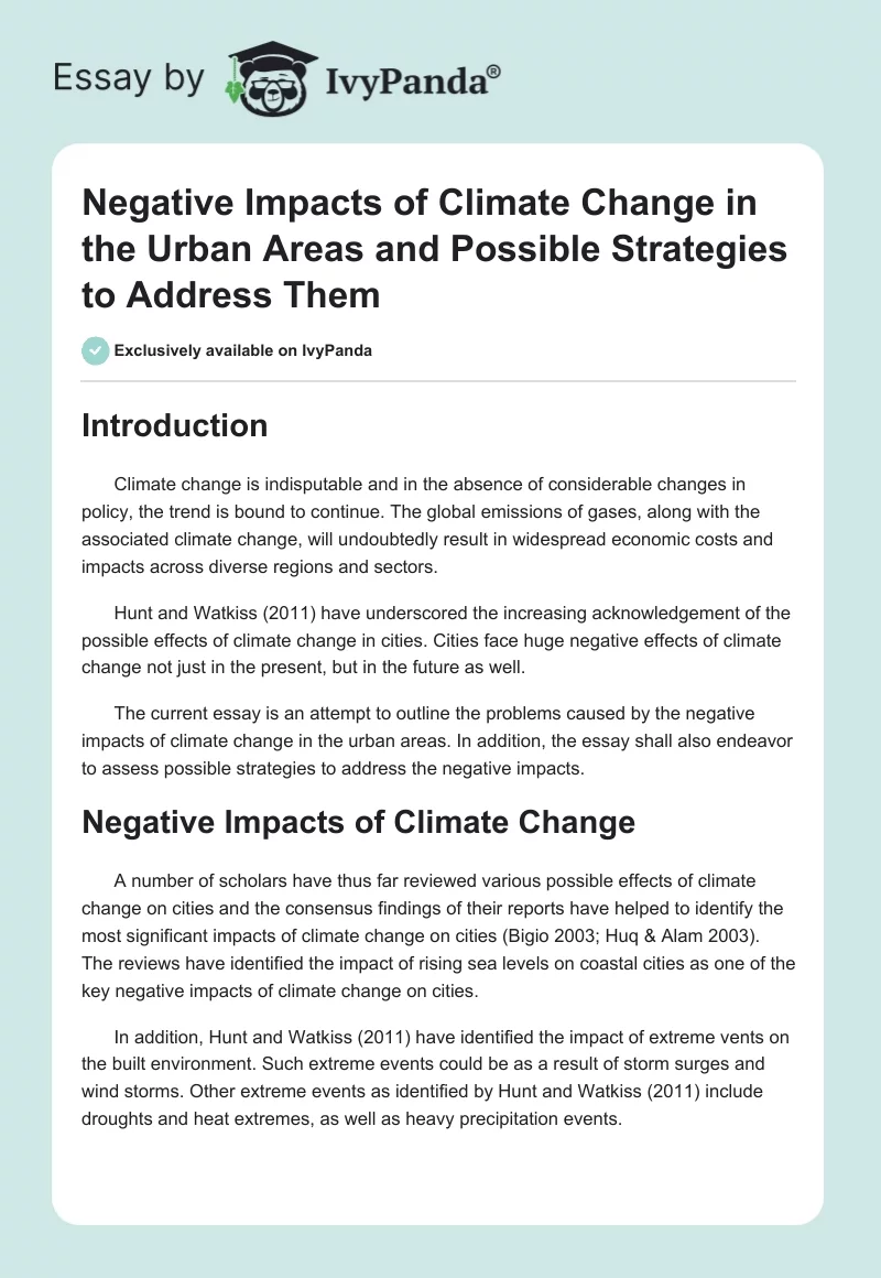Negative Impacts of Climate Change in the Urban Areas and Possible Strategies to Address Them. Page 1