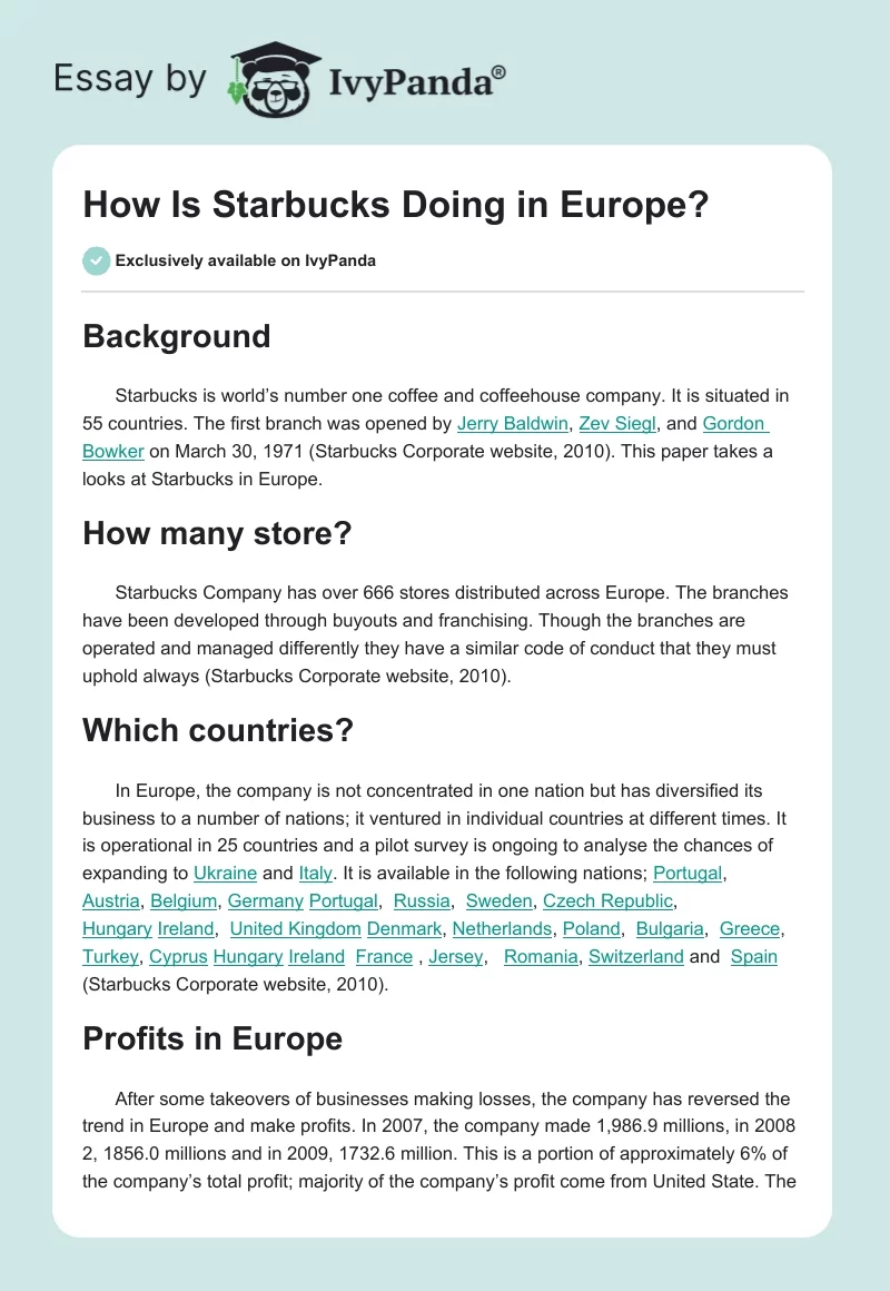 How Is Starbucks Doing in Europe?. Page 1