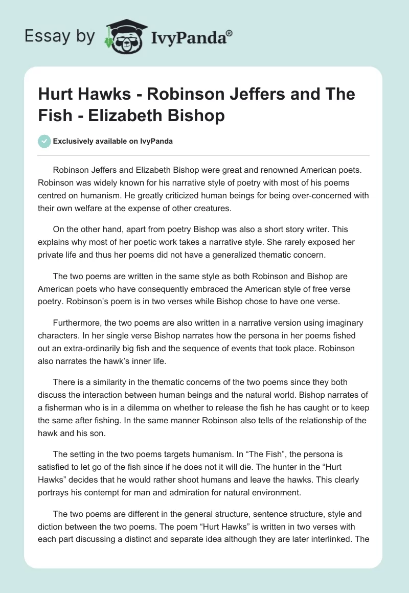 Hurt Hawks - Robinson Jeffers and The Fish - Elizabeth Bishop. Page 1