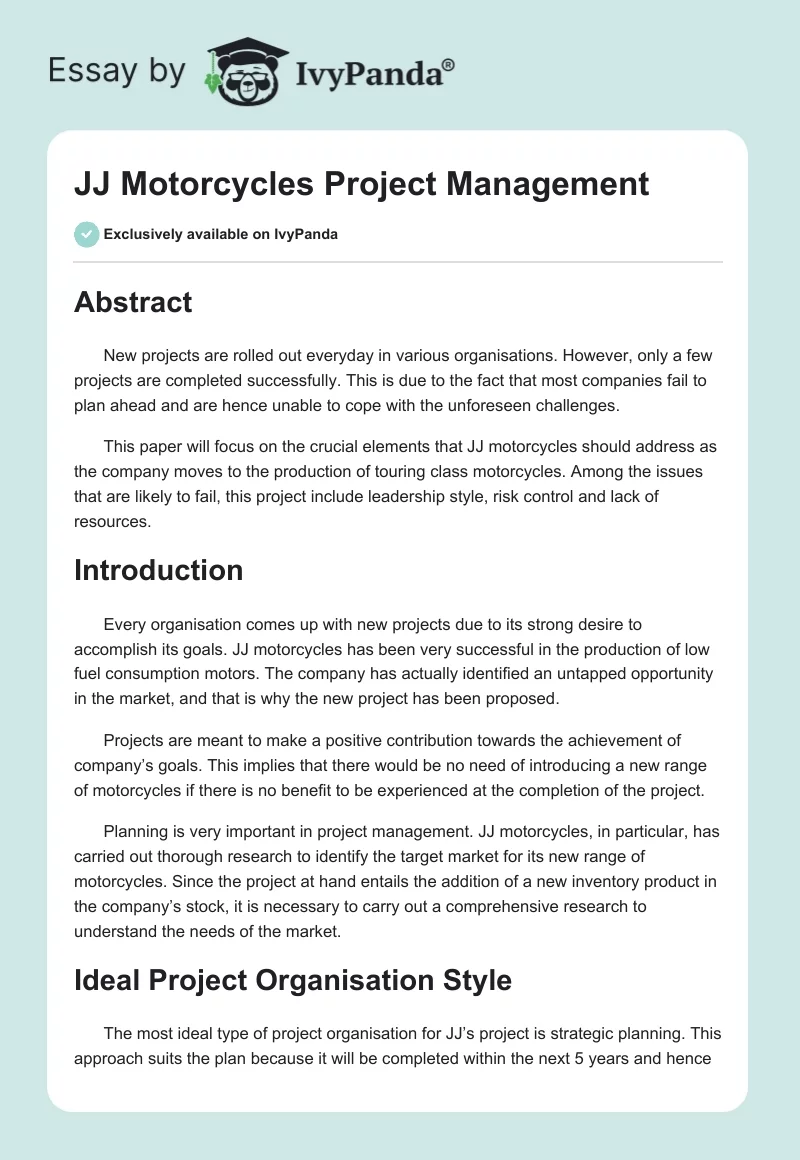 JJ Motorcycles Project Management. Page 1