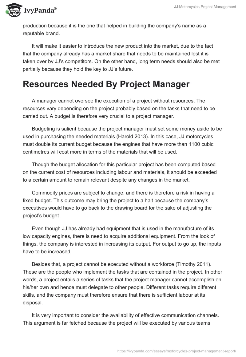 JJ Motorcycles Project Management. Page 3