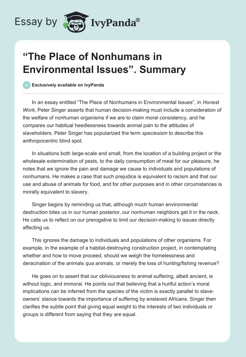 “The Place of Nonhumans in Environmental Issues”. Summary. Page 1