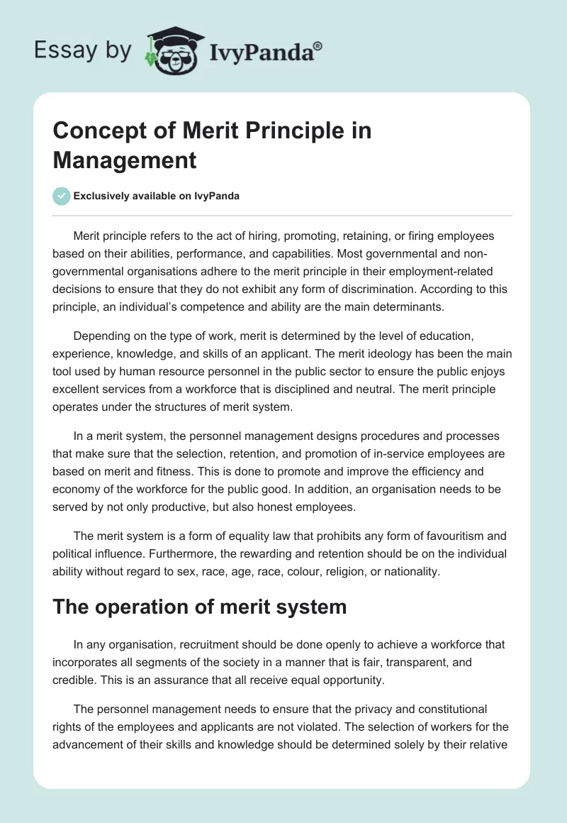Concept of Merit Principle in Management. Page 1