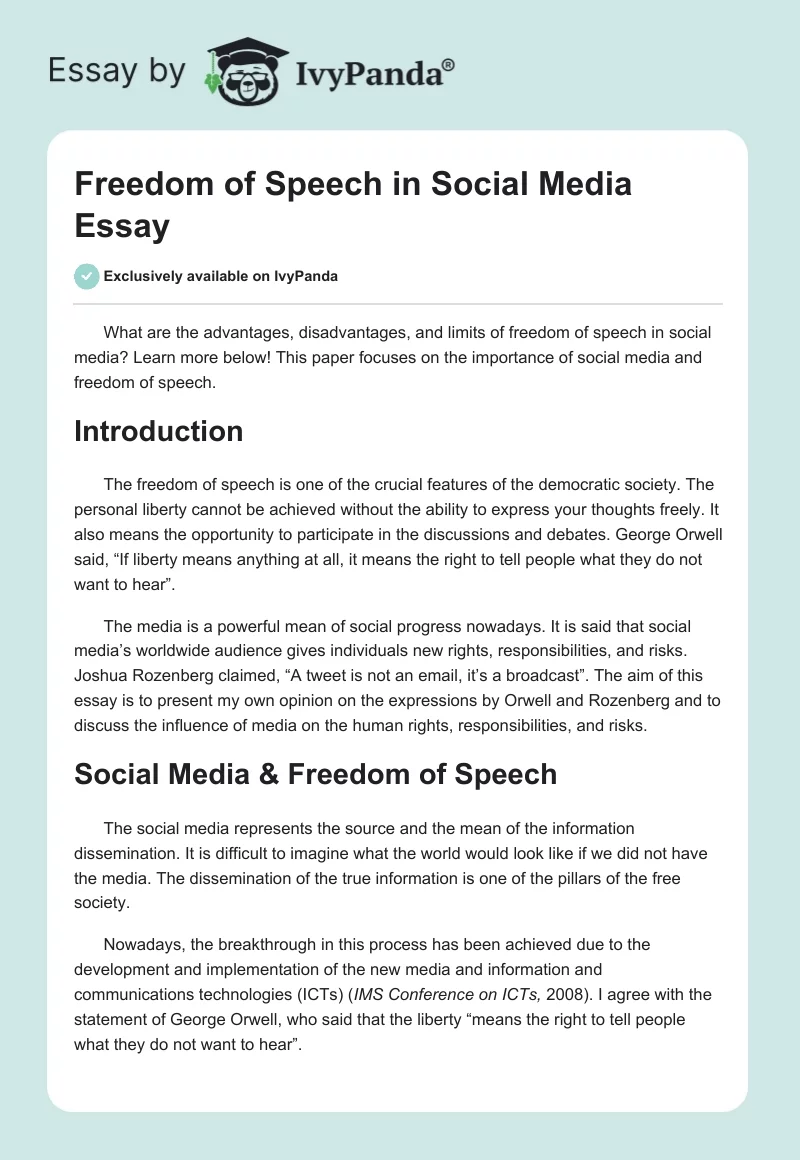 Freedom of Speech in Social Media Essay. Page 1