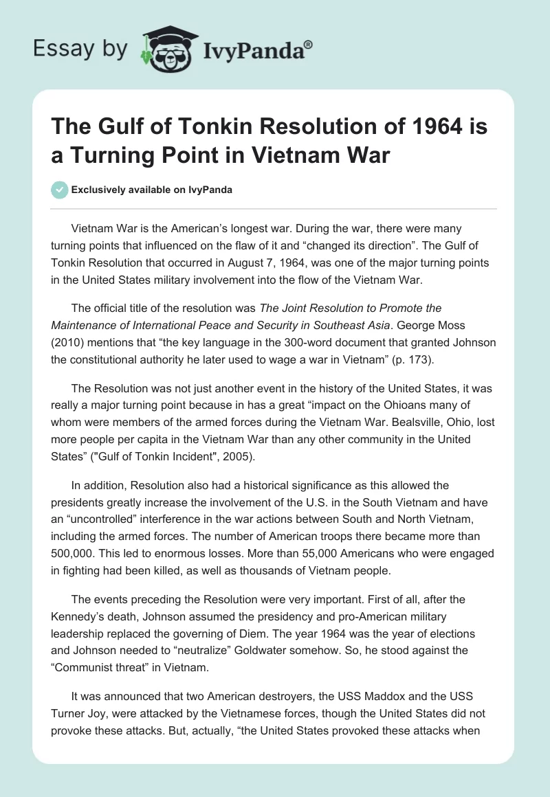 The Gulf of Tonkin Resolution of 1964 Is a Turning Point in Vietnam War. Page 1