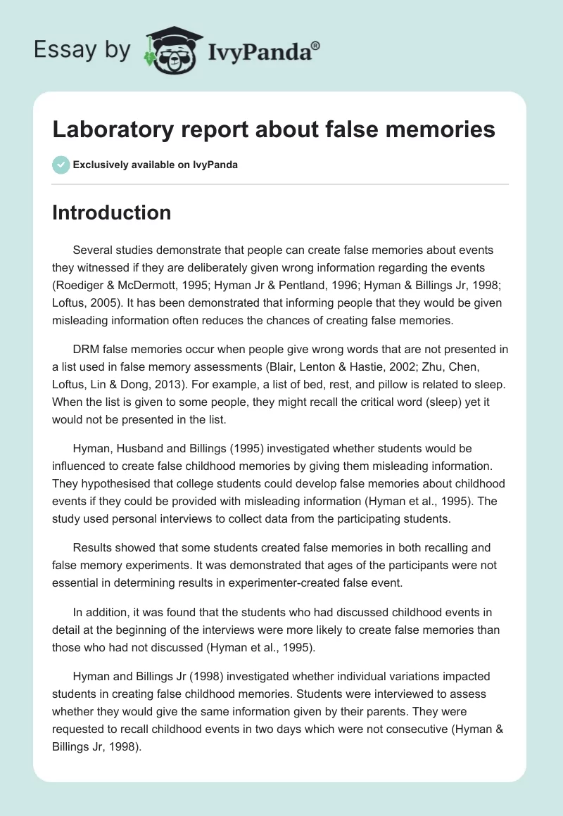 Laboratory report about false memories. Page 1