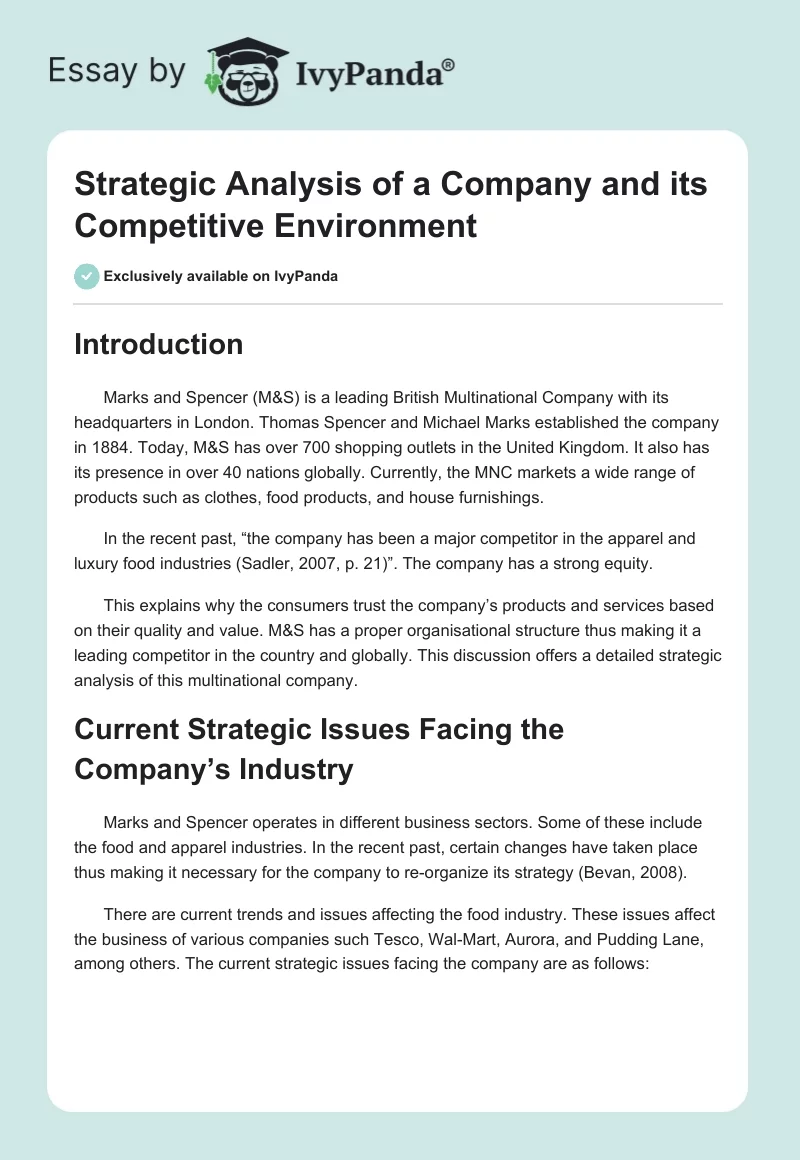 Strategic Analysis of a Company and its Competitive Environment. Page 1