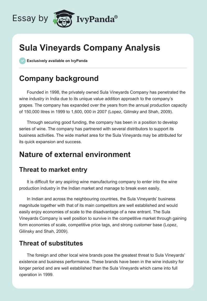 Sula Vineyards Company Analysis. Page 1