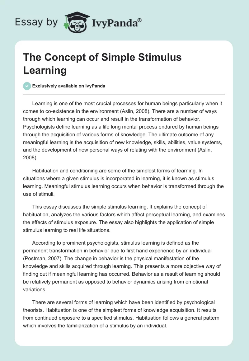 The Concept of Simple Stimulus Learning. Page 1