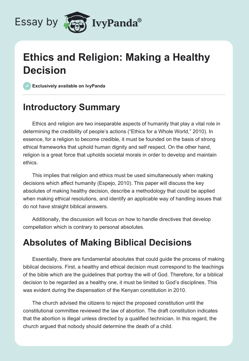 Ethics and Religion: Making a Healthy Decision. Page 1