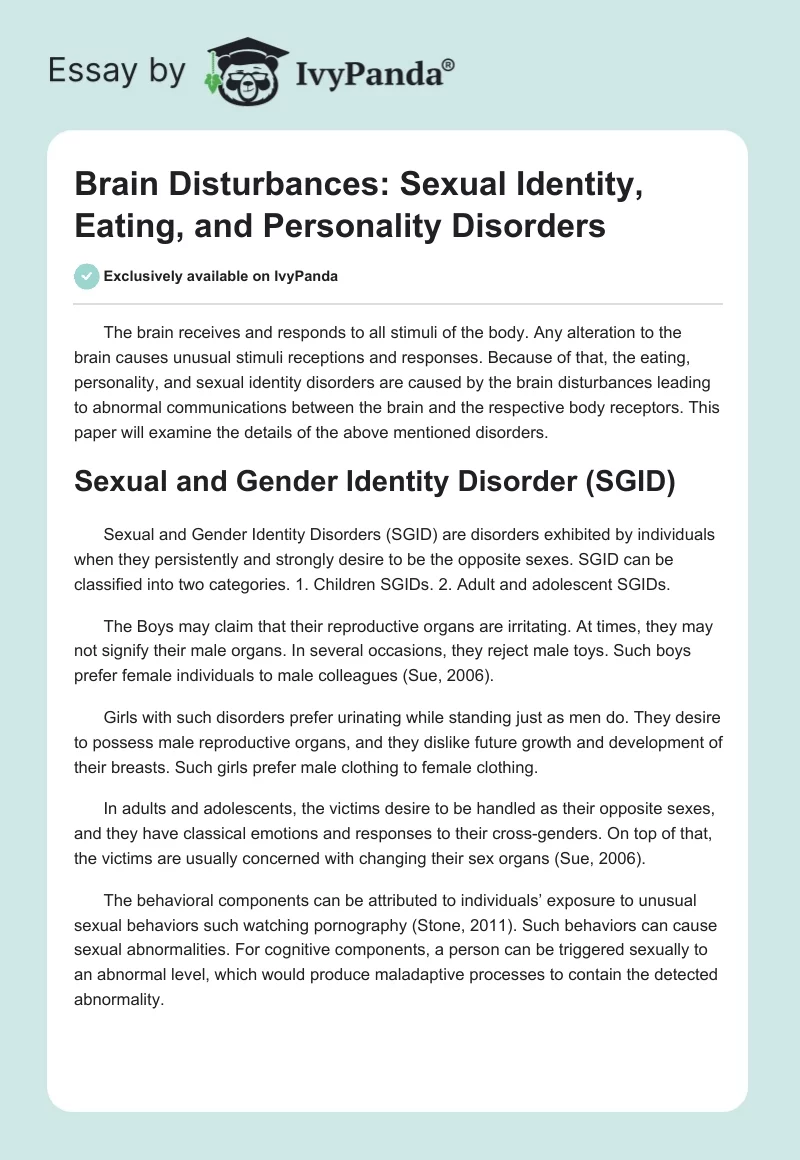 Brain Disturbances: Sexual Identity, Eating, and Personality Disorders. Page 1