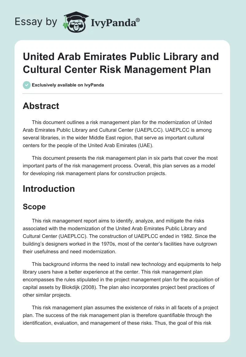 United Arab Emirates Public Library and Cultural Center Risk Management Plan. Page 1