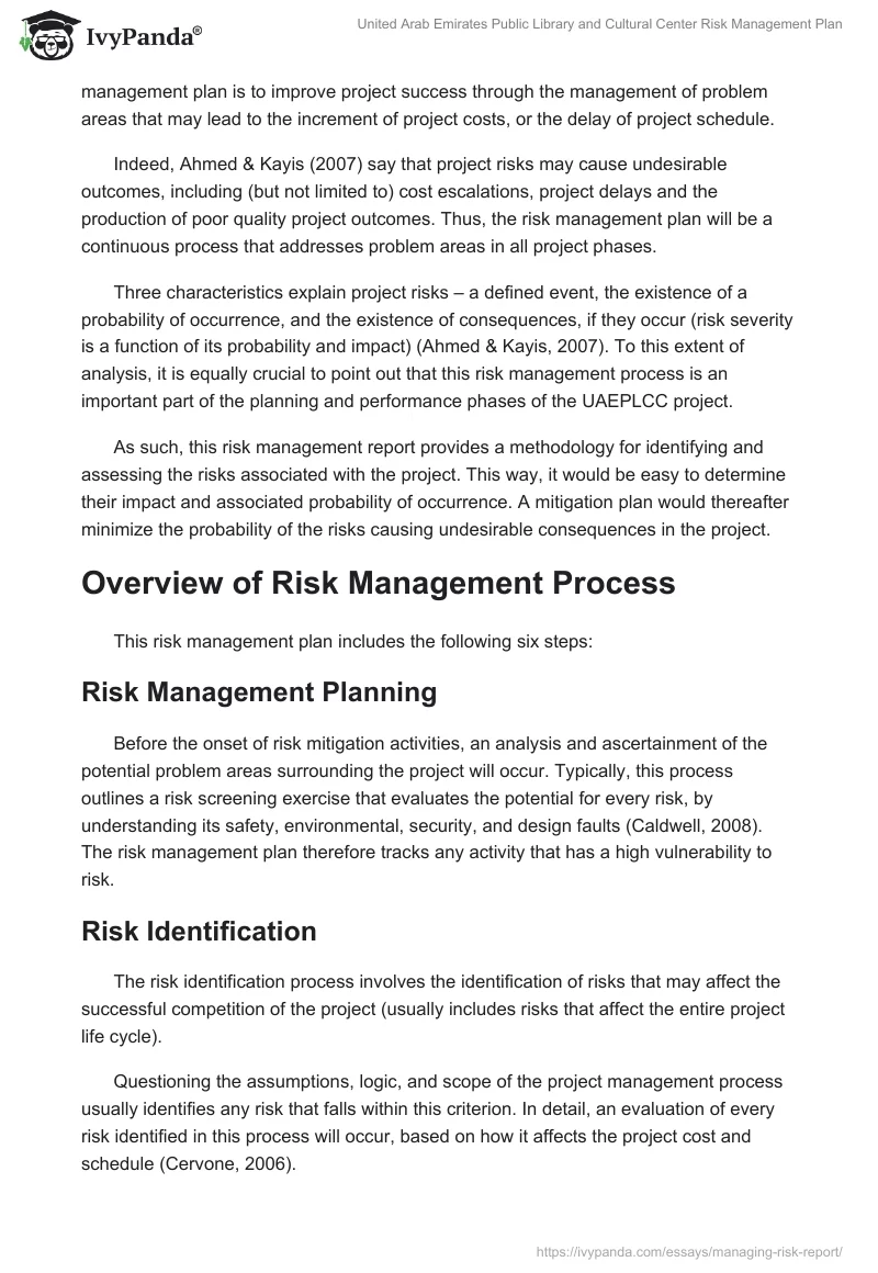 United Arab Emirates Public Library and Cultural Center Risk Management Plan. Page 2