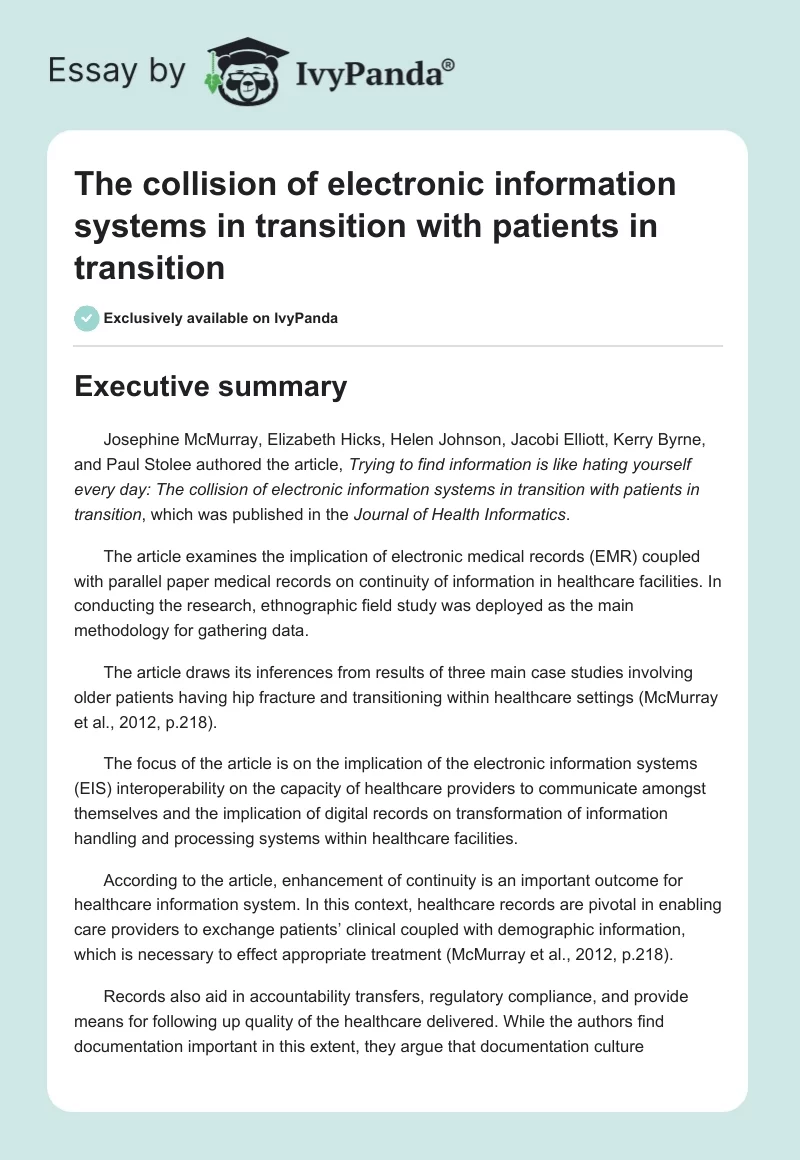 The collision of electronic information systems in transition with patients in transition. Page 1