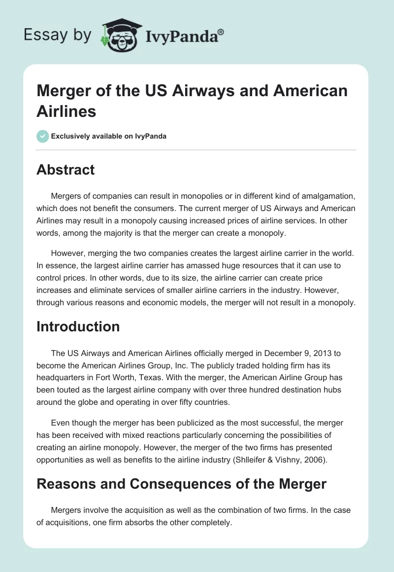 Merger of the US Airways and American Airlines. Page 1