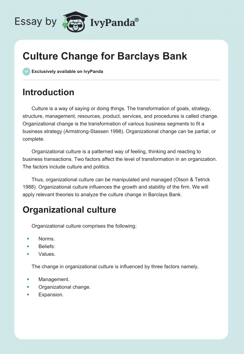 Culture Change for Barclays Bank. Page 1