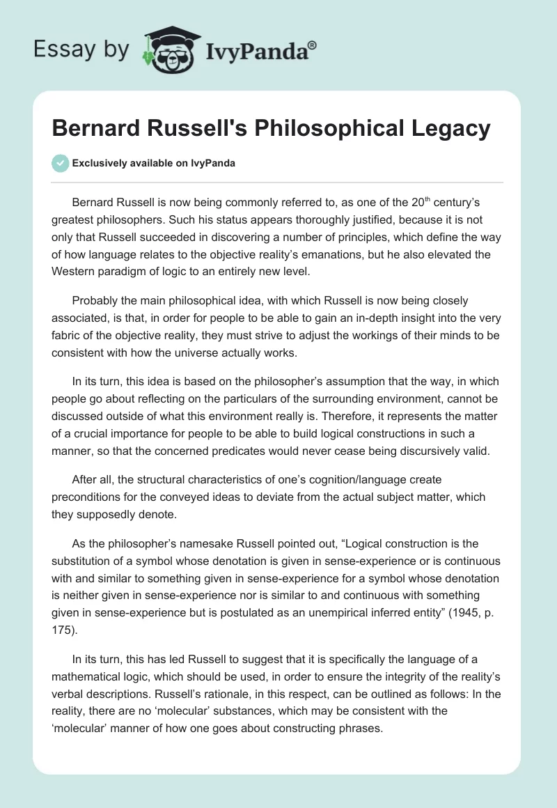Bernard Russell's Philosophical Legacy. Page 1