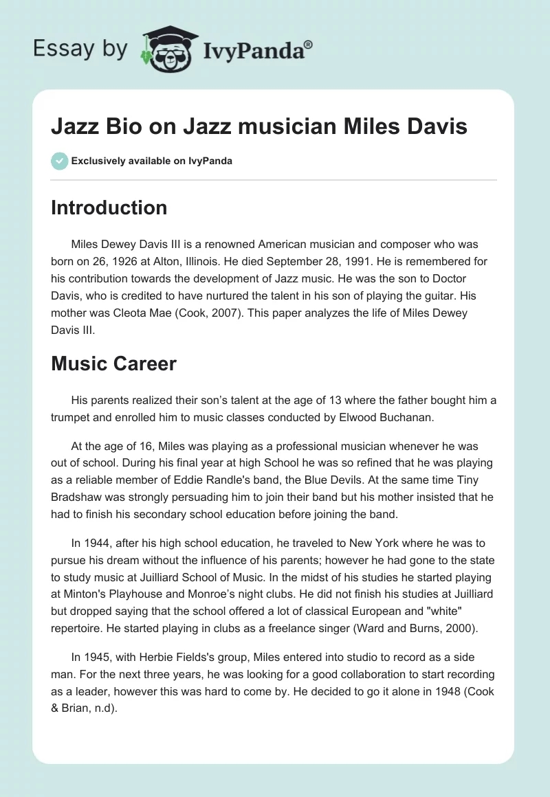 Jazz Bio on Jazz musician Miles Davis. Page 1