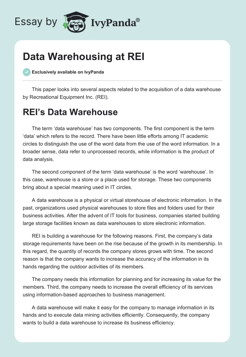 Data Warehousing at REI. Page 1