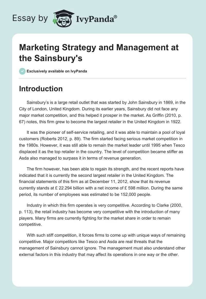 Marketing Strategy and Management at the Sainsbury's. Page 1