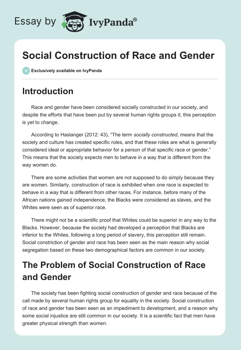 Social Construction of Race and Gender. Page 1