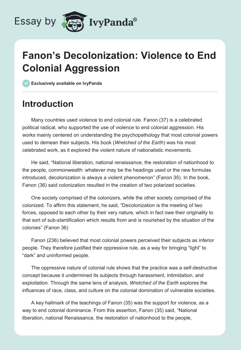 Fanon’s Decolonization: Violence to End Colonial Aggression. Page 1