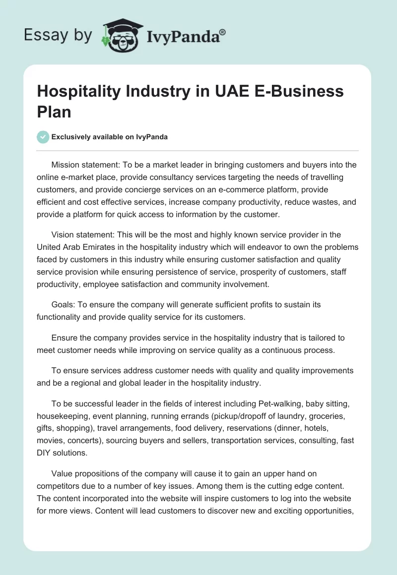 Hospitality Industry in UAE E-Business Plan. Page 1