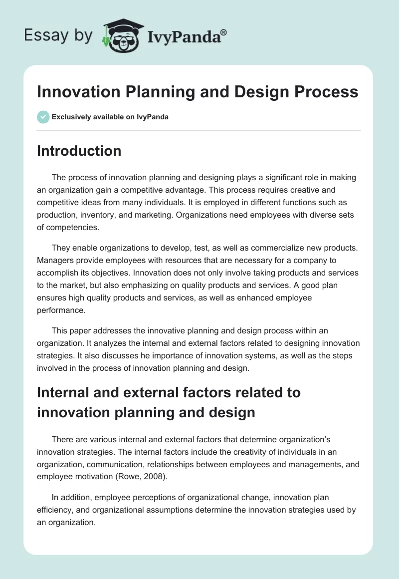 Innovation Planning and Design Process. Page 1