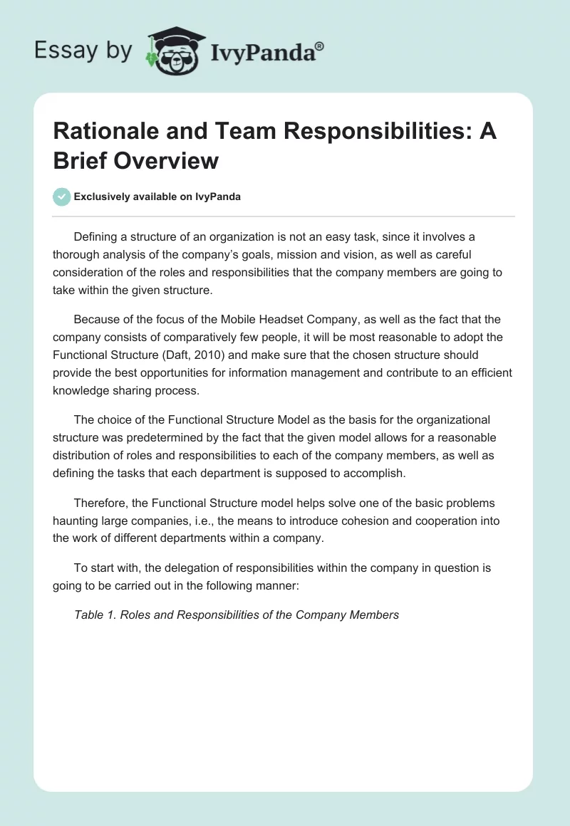 Rationale and Team Responsibilities: A Brief Overview. Page 1