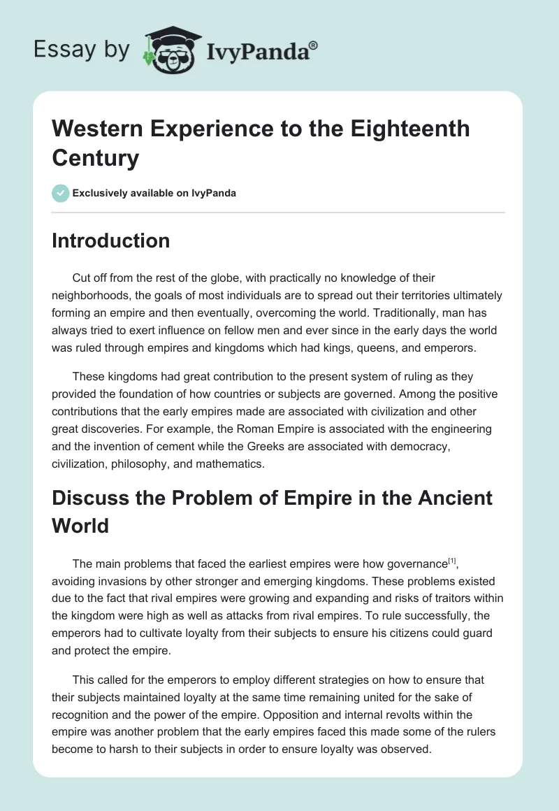 Western Experience to the Eighteenth Century. Page 1