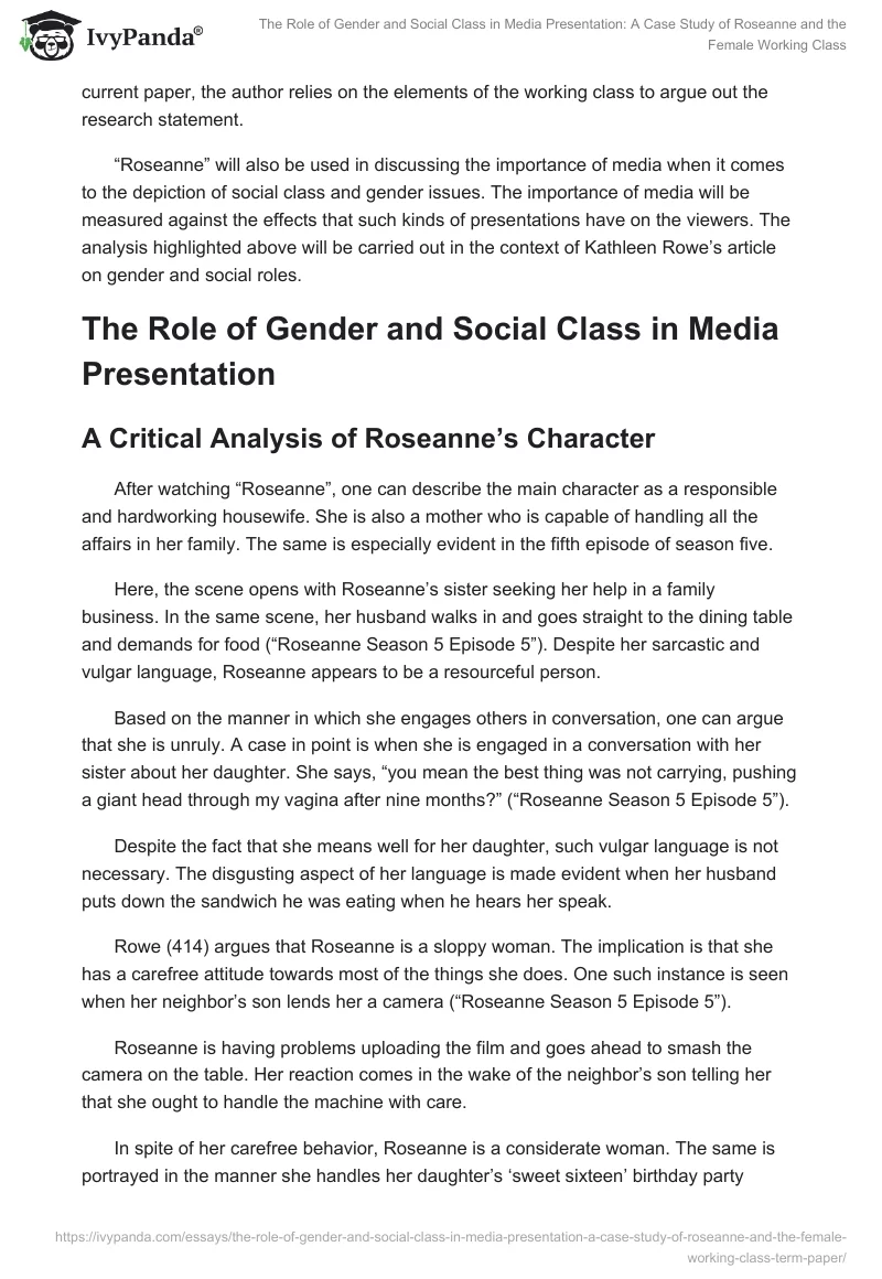 The Role of Gender and Social Class in Media Presentation: A Case Study of Roseanne and the Female Working Class. Page 2